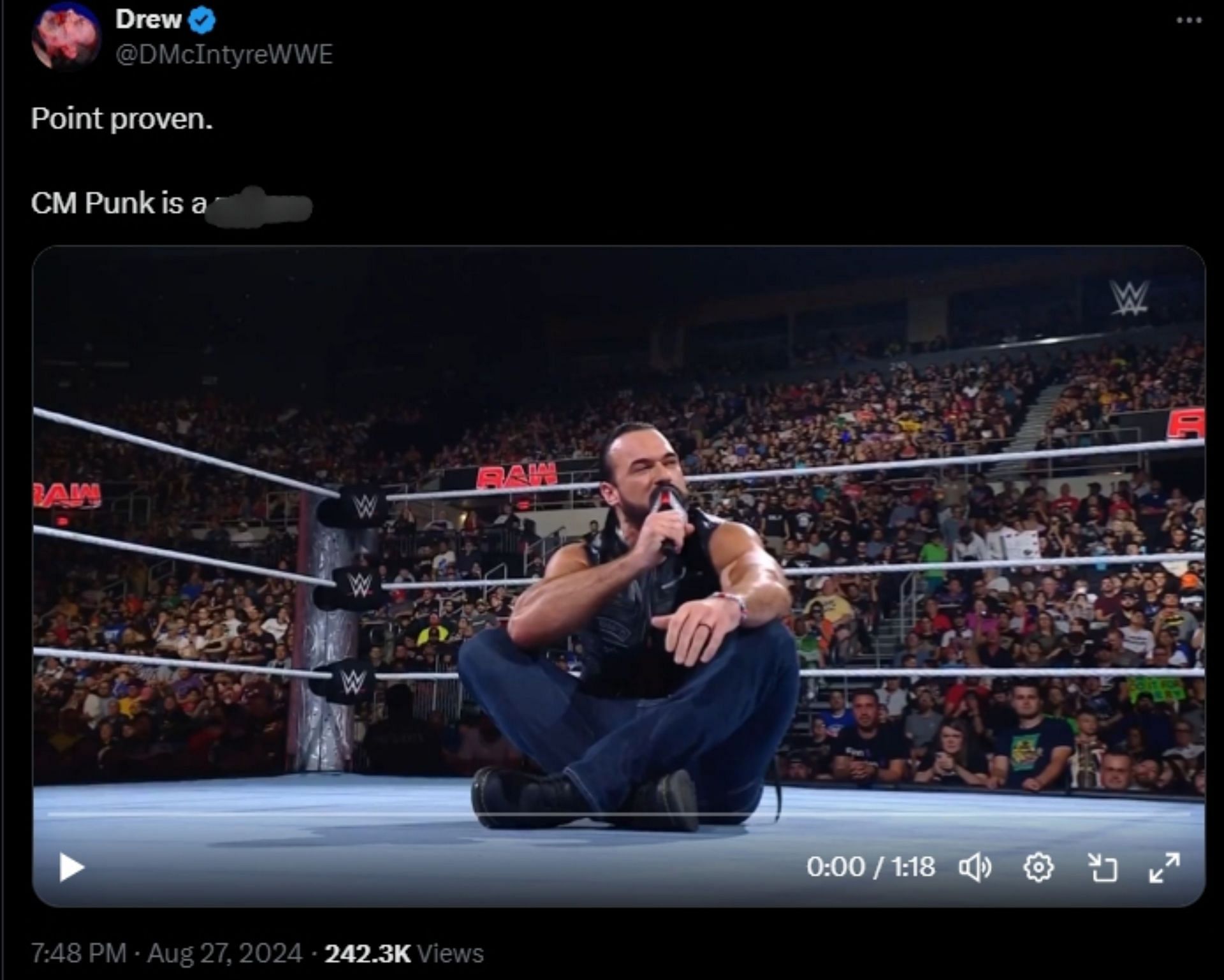 ड्रू मैकइंटायर की पोस्ट का स्क्रीनशॉट (Photo: Drew Mcntyre X Post Screenshot)